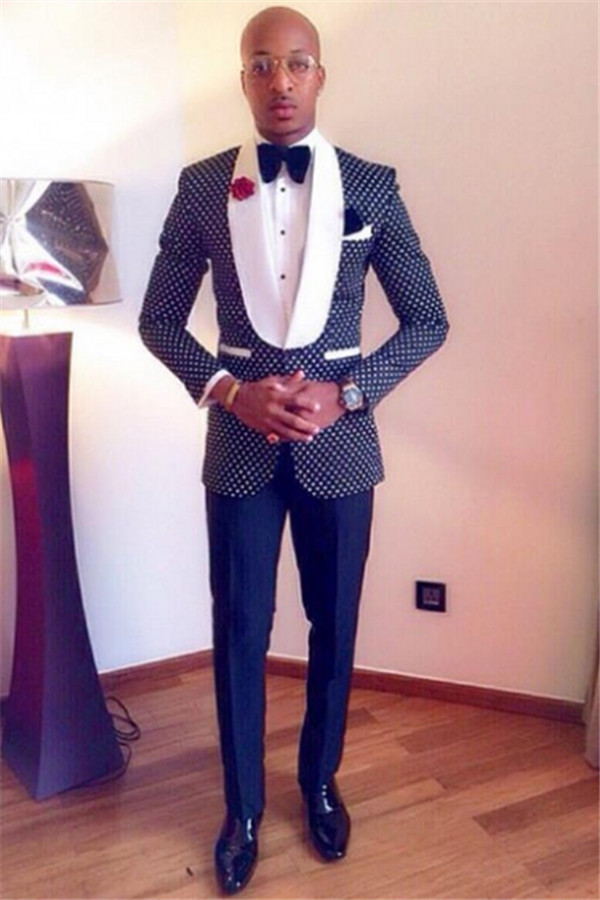 Navy Blue Shawl Lapel Polka Dot Prom Suit for Guys with One Button