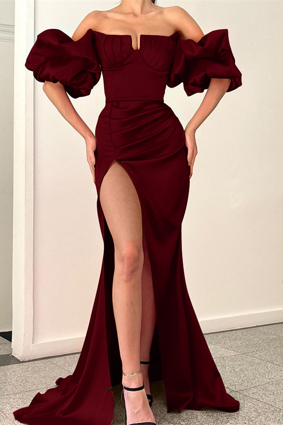 Fuchsia Strapless Mermaid Off-The-Shoulder Puff Sleeves Evening Dress With Split