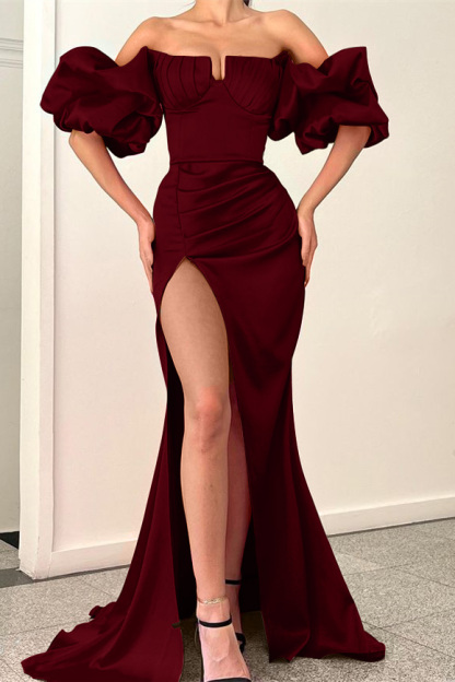 Fuchsia Strapless Mermaid Off-The-Shoulder Puff Sleeves Evening Dress With Split