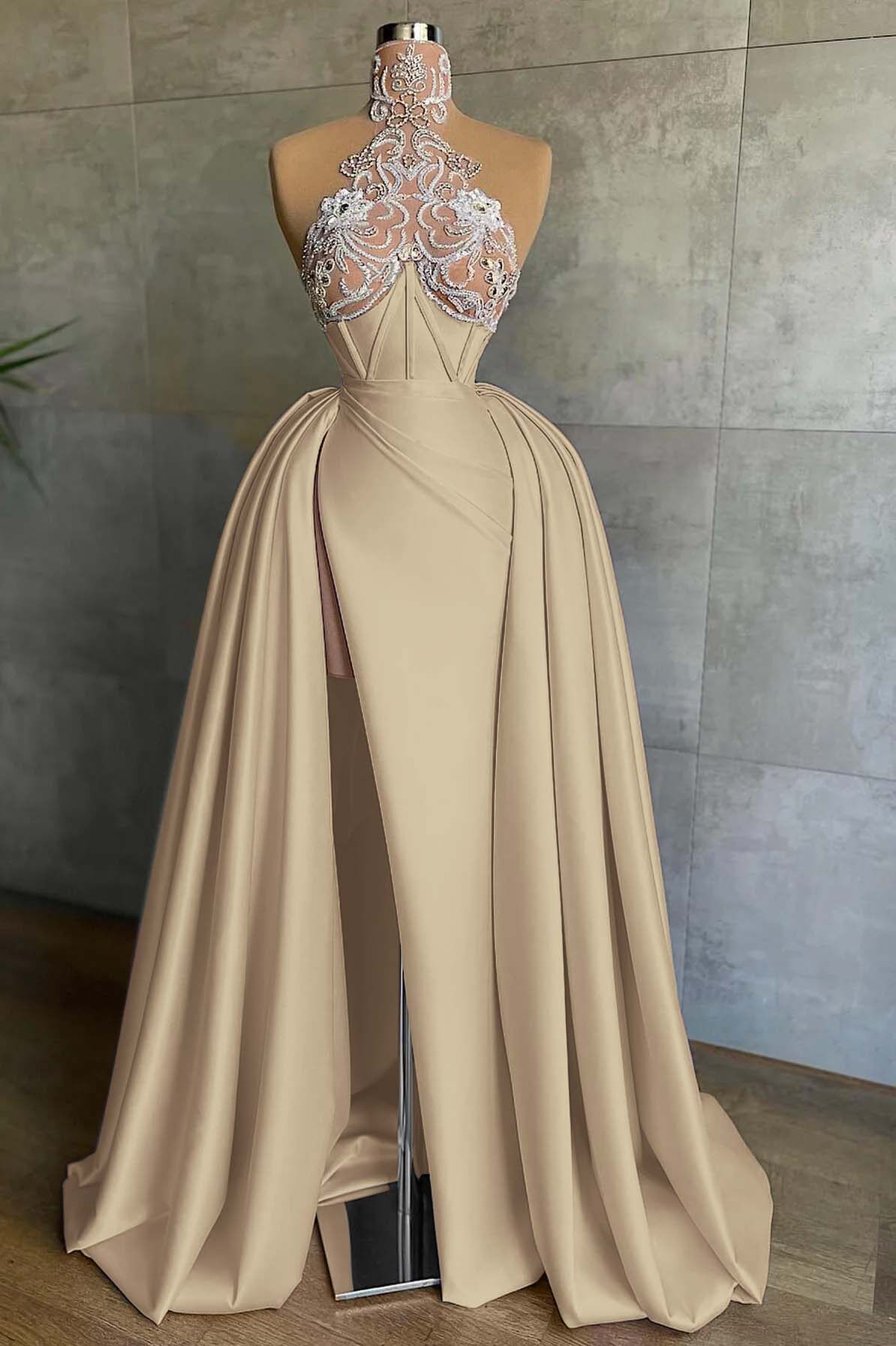 Halter Sleeveless Mermaid Split Long Formal Dress With Appliques