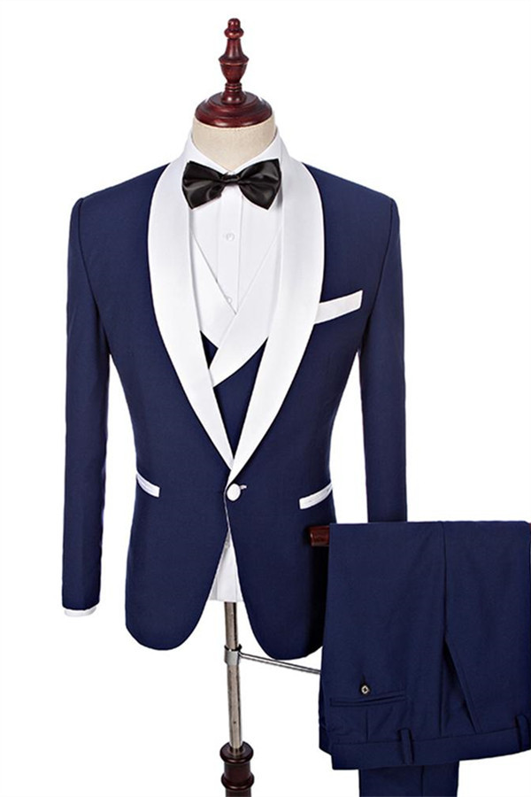 Navy Blue Three-Piece Fashion Slim Fit White Shawl Lapel with One Button