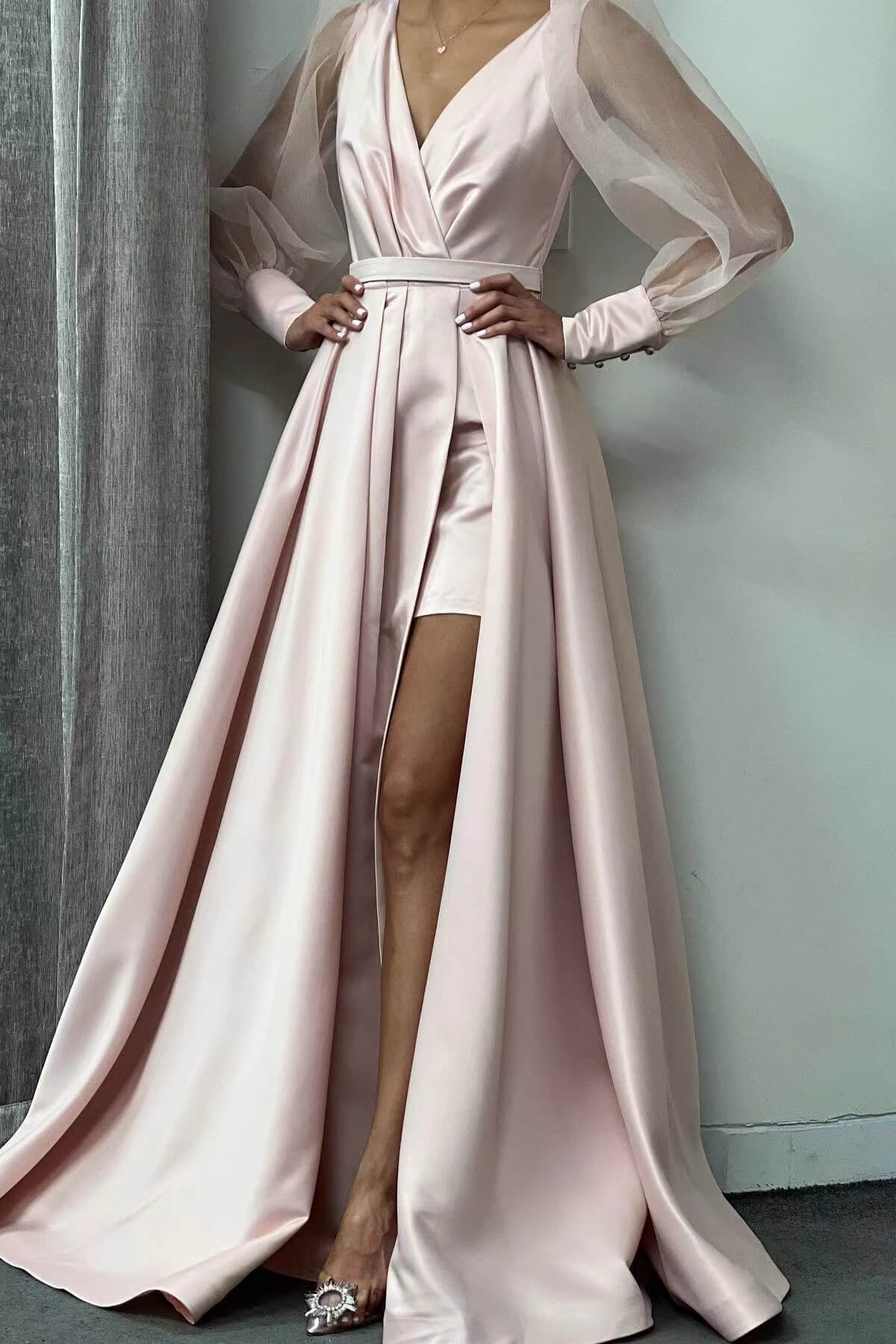 A-Line Long Slit Puff Sleeves Evening Dress
