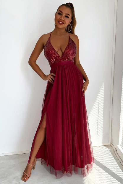 Sequin Party Dress with Green V-neck