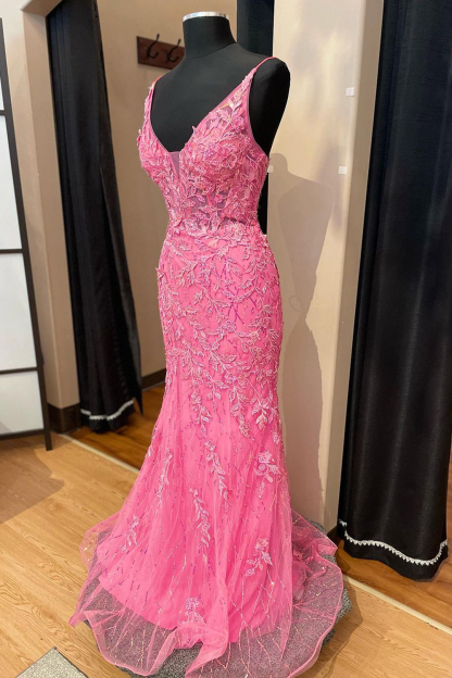 Stylish Pink A-Line Corset Prom Dress with Deep V-Neck and Appliques