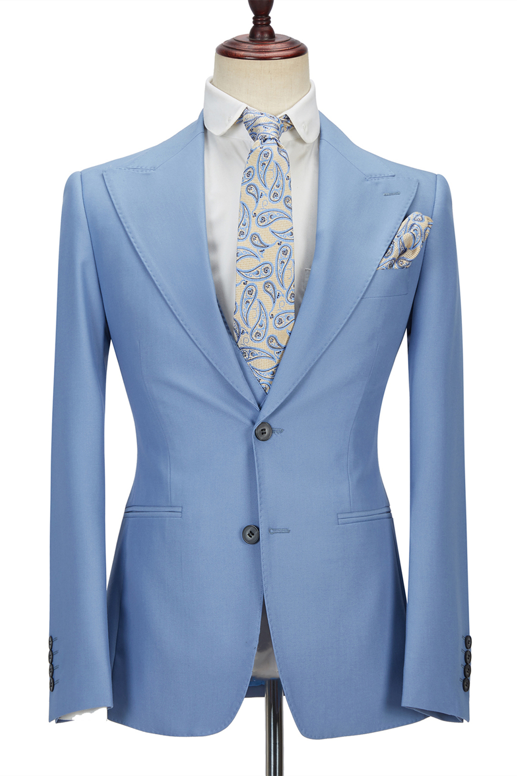 Gentle Blue Peak Lapel Men's Suit Three-Piece Men's Formal Suit without Flap