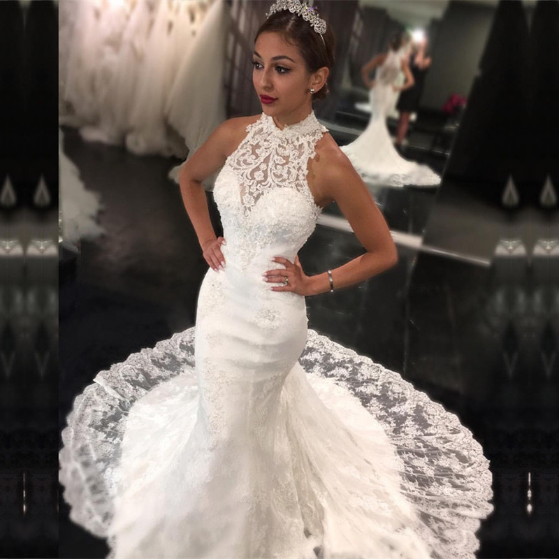 High Neck Mermaid Sleeveless Long Lace Wedding Dress with Appliques