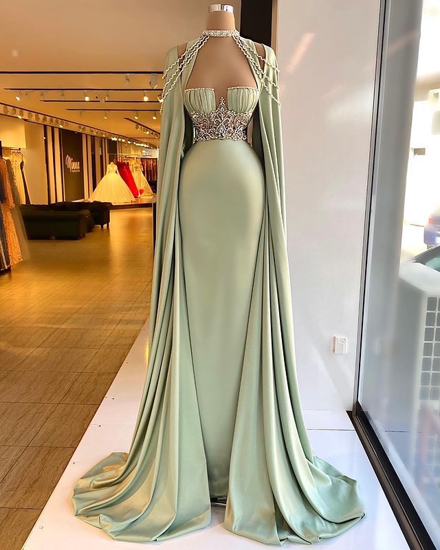 Elegant Straps Square Sage Green Mermaid Evening Dress With Beads