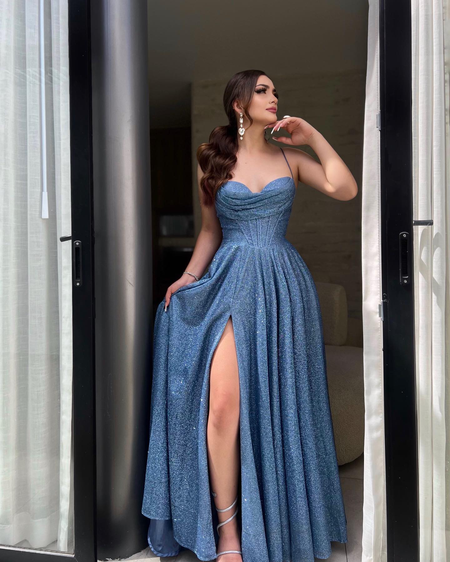 Elegant Spaghetti Strap Blue Pleated Split Long Prom Dress