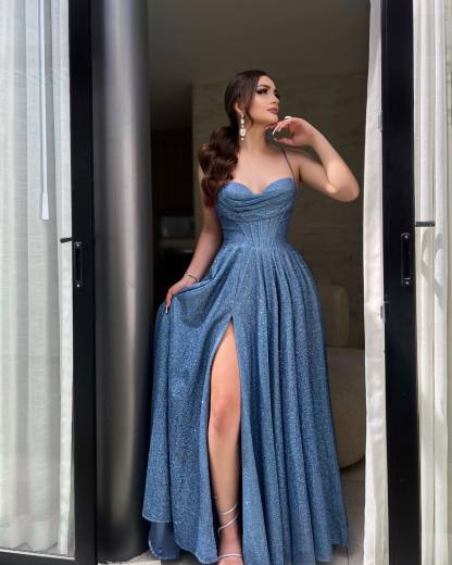Elegant Spaghetti Strap Blue Pleated Split Long Prom Dress