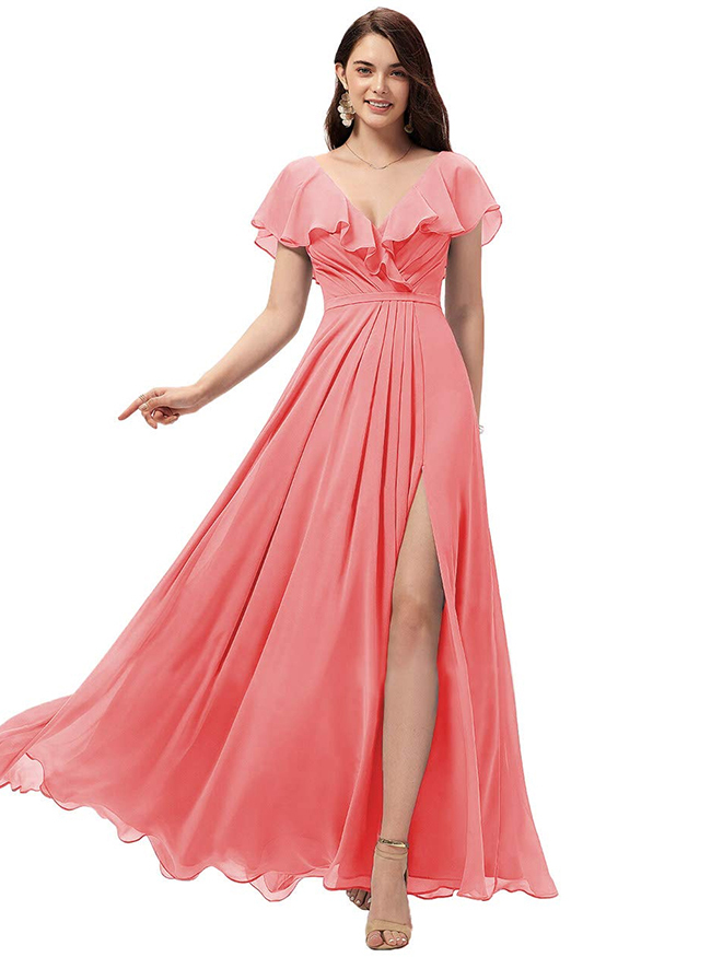 Chiffon Ruffles Bridesmaid Dress with Split