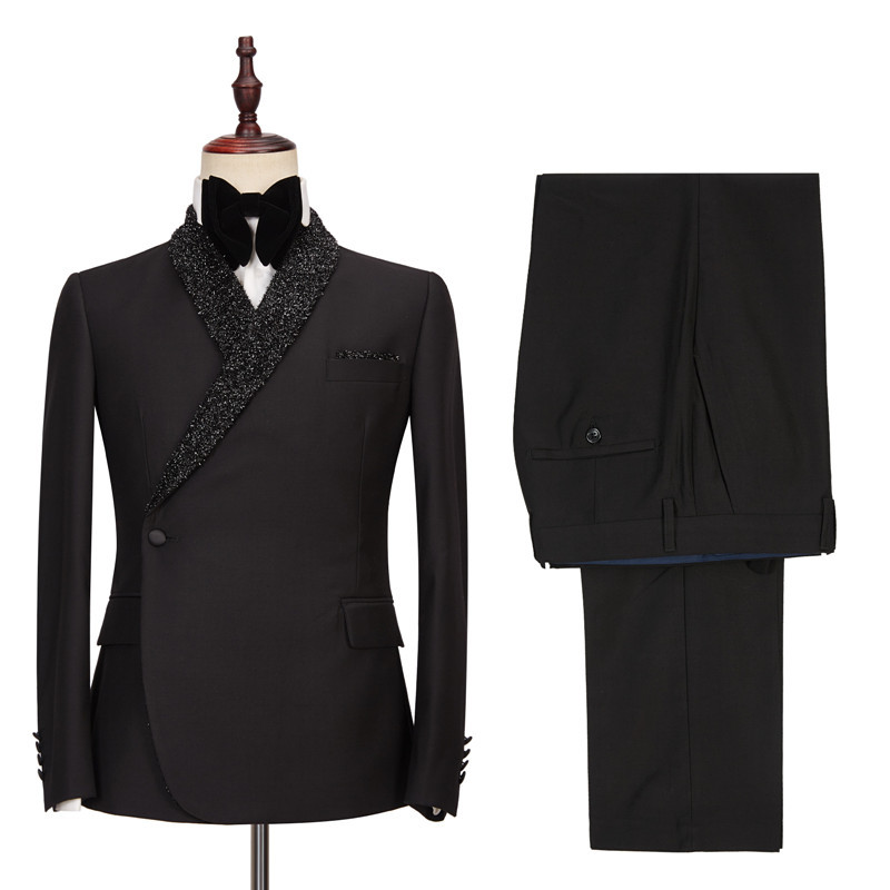 Colby Sparkly Black One-Button Wedding Suits with Shawl Lapel