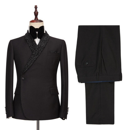 Colby Sparkly Black One-Button Wedding Suits with Shawl Lapel