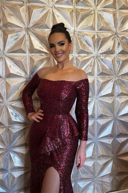 Burgundy Sequins Long Sleeves Mermaid Evening Dress With Split