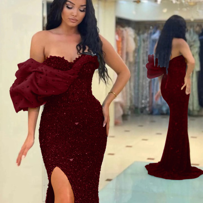 Gorgeous One Shoulder Mermaid Split Evening Dress With Sequins Sweetheart Off-The-Shoulder