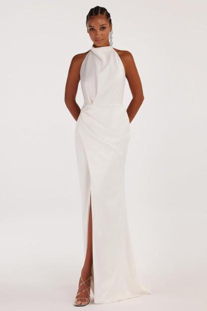 Halter Backless Sleeveless Split Long Formal Dress With Pleated