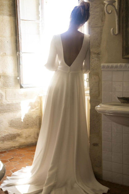 Half Sleeves Wedding Dress V-Neck