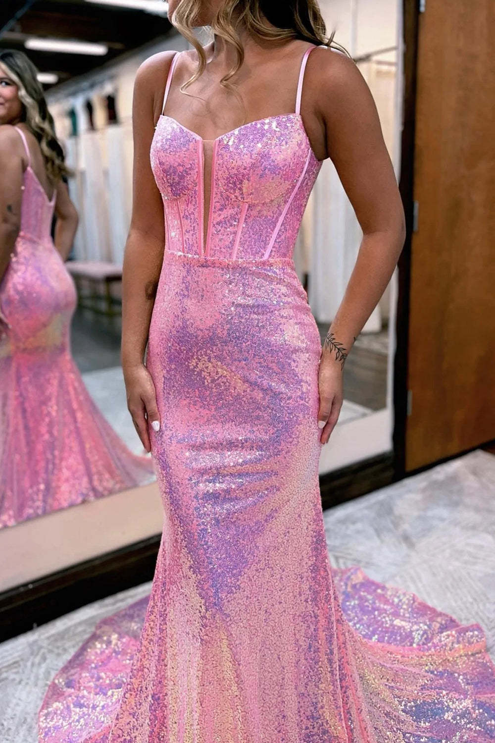 Long Mermaid Prom Dress with Sparkly Pink Sequins and Corset