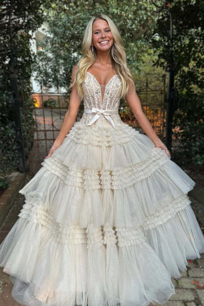 Light Pink Long A-Line Prom Dress with Ruffles and Off-the-Shoulder Princess Neckline