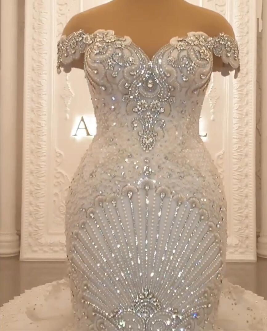Gorgeous Floor-Length Backless Mermaid Off-The-Shoulder Wedding Dress with Crystal