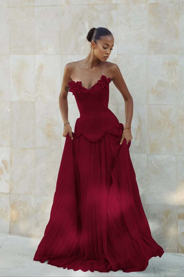 Stunning Strapless Sleeveless Long Formal Dress With Pleated Beading