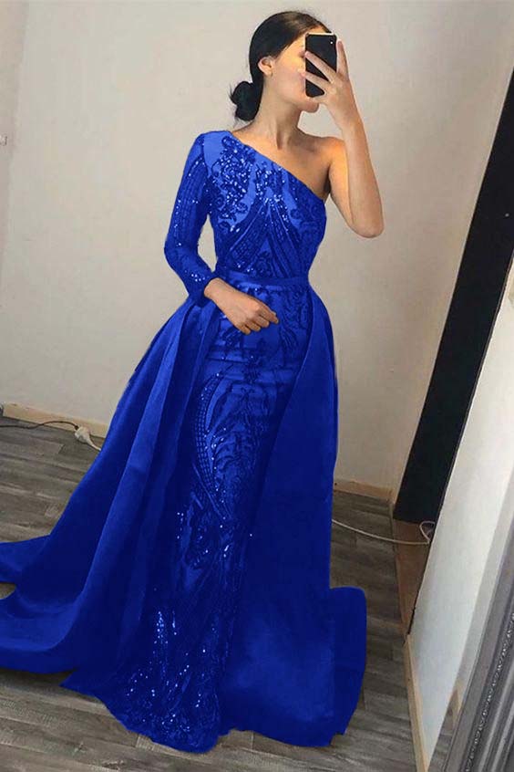 Dark Green Overskirt One Shoulder Long Sleeve Mermaid Formal Dress With Sequins