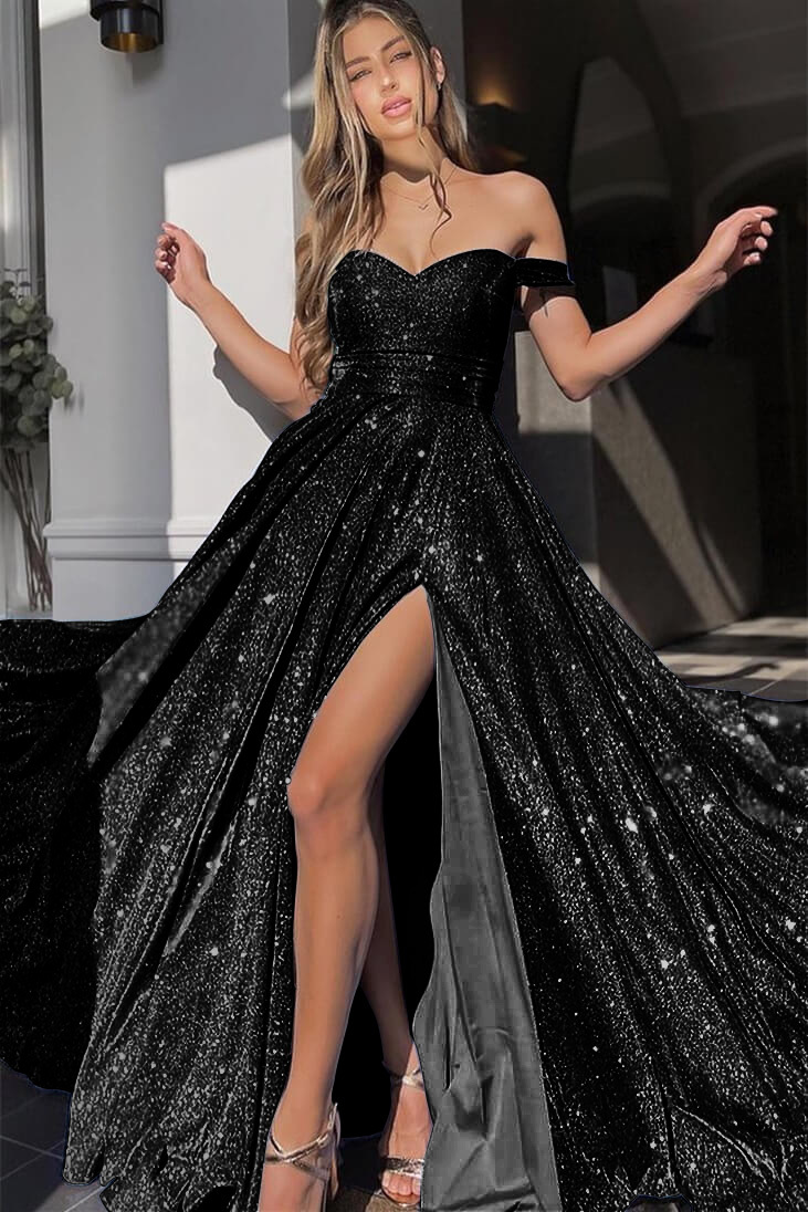 V-Neck Mermaid Front Split Evening Dress With Sequins Off-The-Shoulder