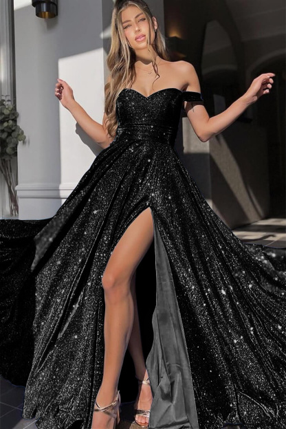 V-Neck Mermaid Front Split Evening Dress With Sequins Off-The-Shoulder