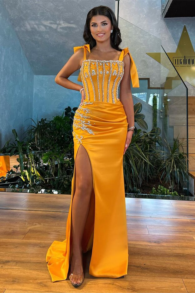 Stunning Mermaid Straps Beadings Slit Evening Dress With Rhinestone