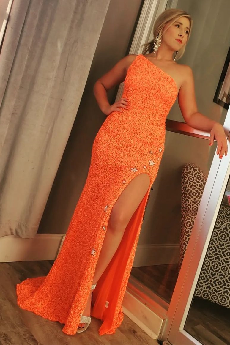 Sparkle Black Sequins One Shoulder Sleeveless Mermaid Formal Dress With Split