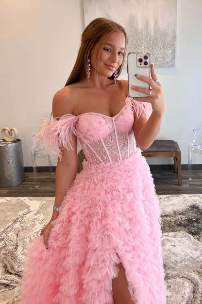 Pink Long Prom Dress with Feathers - Off-the-Shoulder A-Line Princess Style