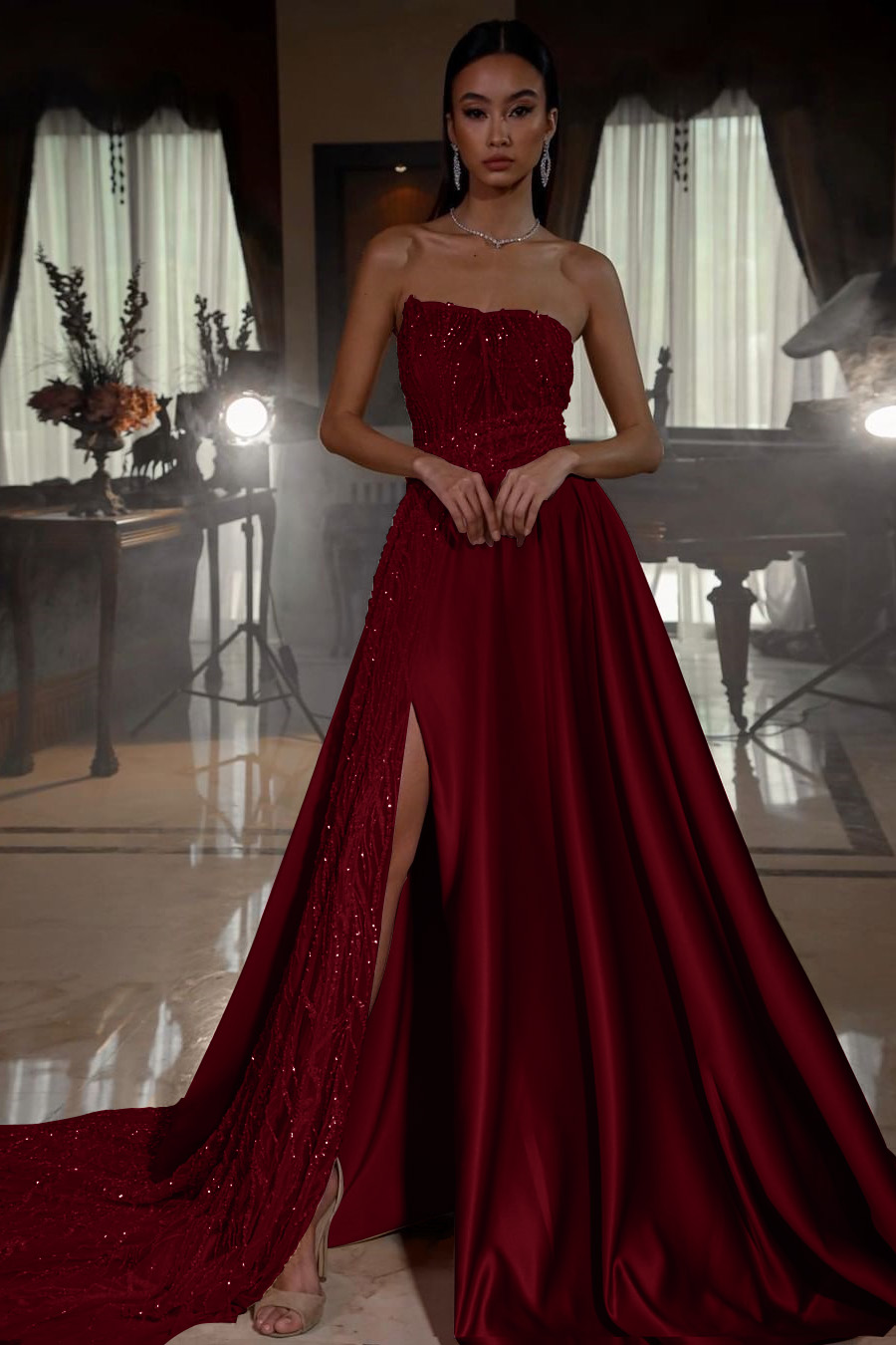 Pink Strapless A Line Sleeveless Sequins Long Formal Dress With Front Split