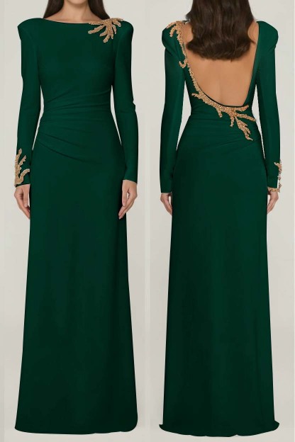 Long Sleeves Long Backless Formal Dress With Appliques Pleated