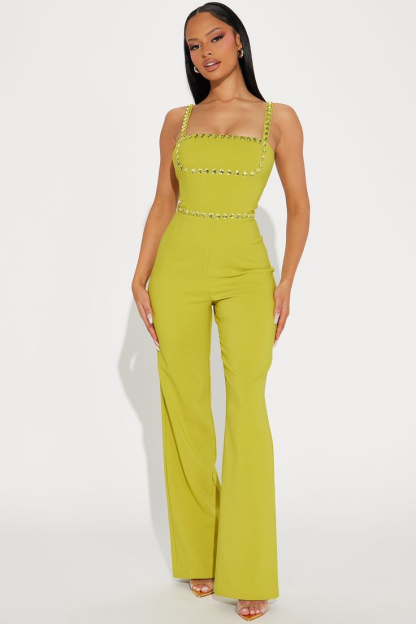 Fashion Green Square Neck Spaghetti-Straps Slim Fit Jump Suit