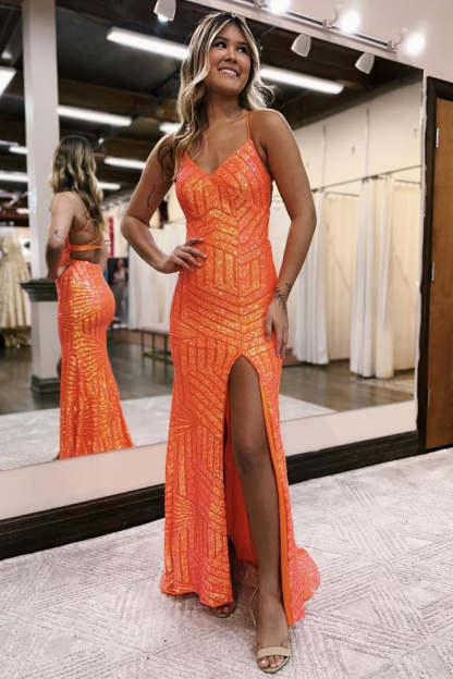 Long Orange Sequined Prom Dress with Criss Cross Back and Sheath Spaghetti Straps