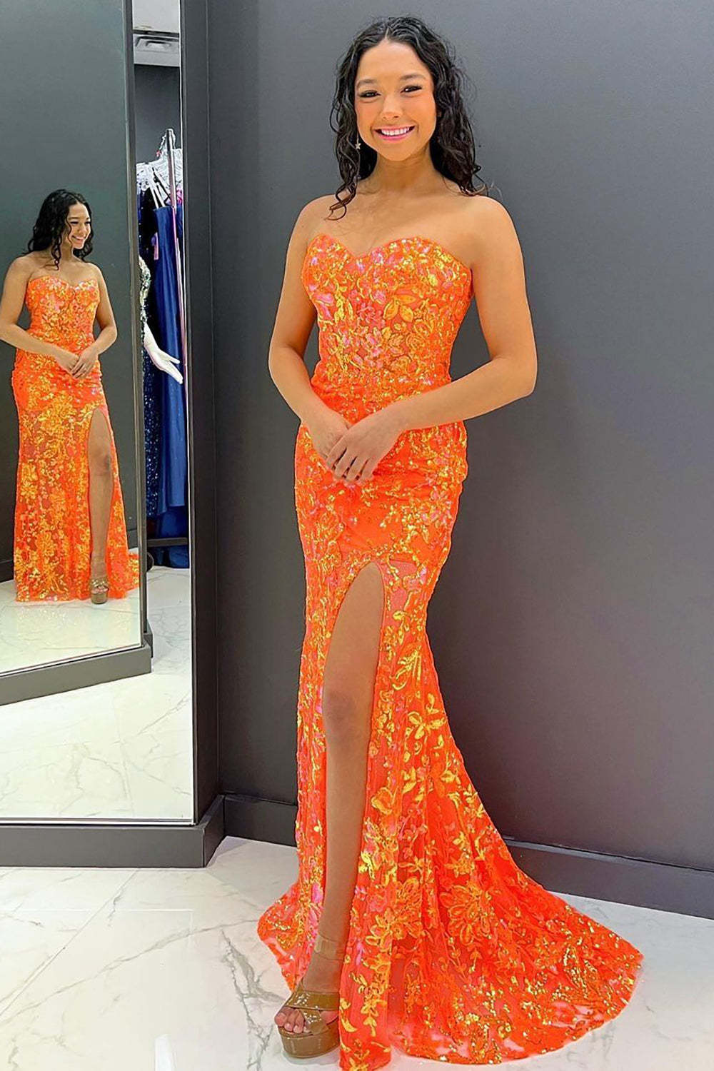 Long Orange Sequined Prom Dress with Sweetheart Neckline and Front Split