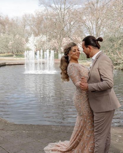 Romantic Mermaid Long Sleeves V-Neck Wedding Dress with Slit