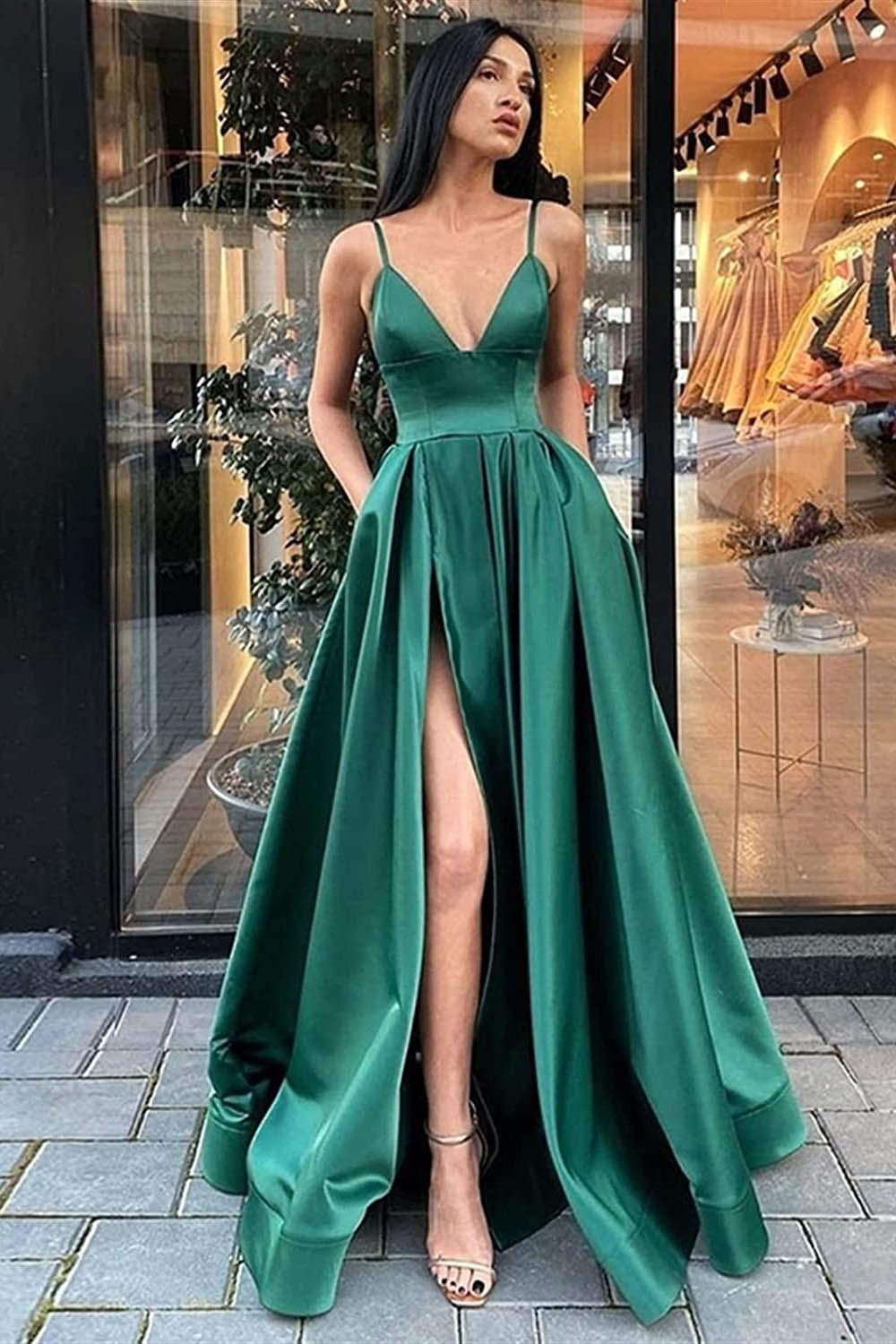 Black Long Prom Dress with Spaghetti Straps and a Slit in A-Line Style