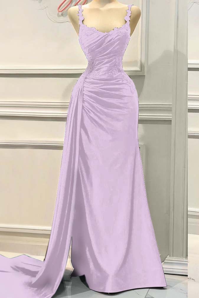 Charming Spaghetti Strap Sleeveless Pleated Long Formal Dress With Appliques
