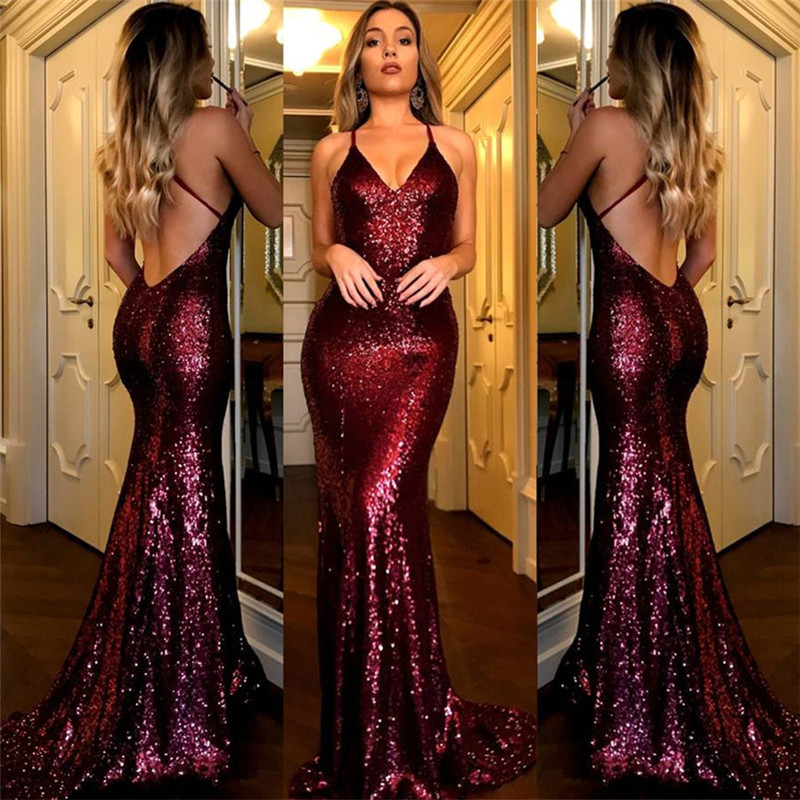 Backless Sequins Burgundy Evening Dress