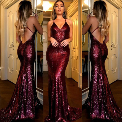 Backless Sequins Burgundy Evening Dress