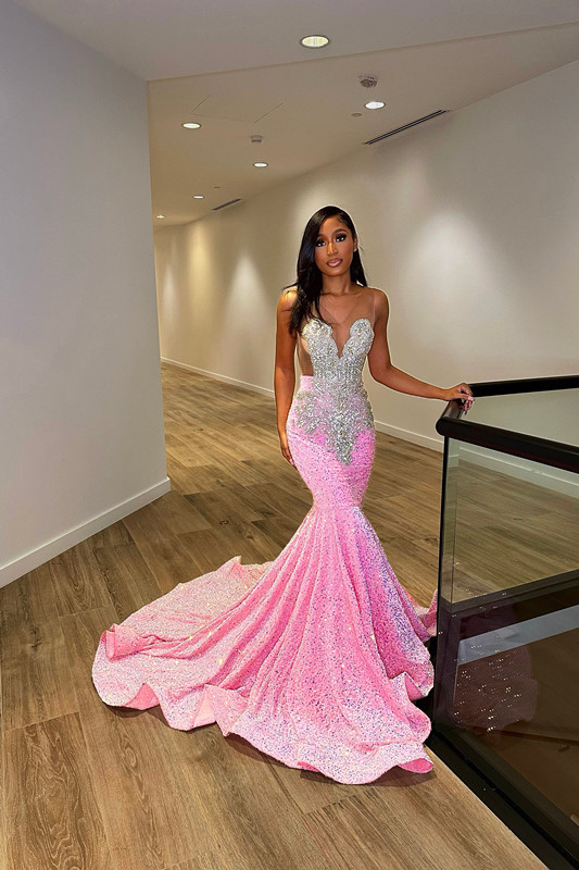 Sexy Transparent Straps Pink Mermaid Sequins Beads Evening Dress With Flared Hemline