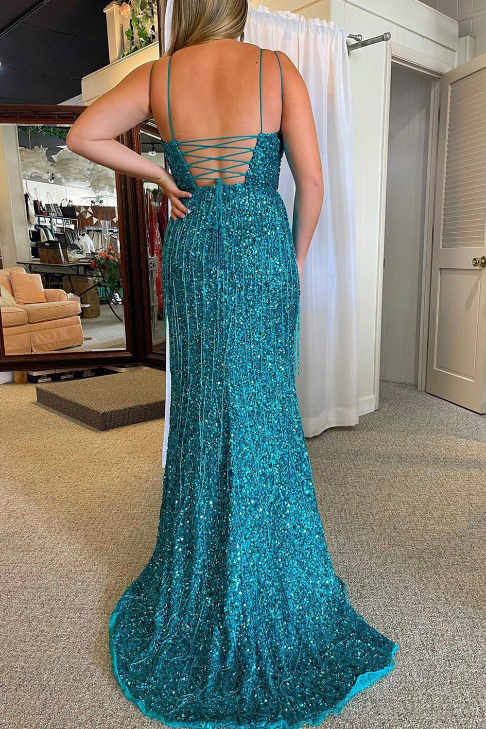 Long Peacock Blue Prom Dress with Front Split and Spaghetti Strap Sheath