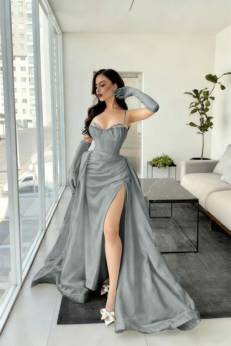 Spaghetti Strap Sleeveless Long Mermaid Formal Dress With Split Gloves