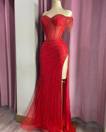 Off the Shoulder Sleeveless Long Split Formal Dress With Beading