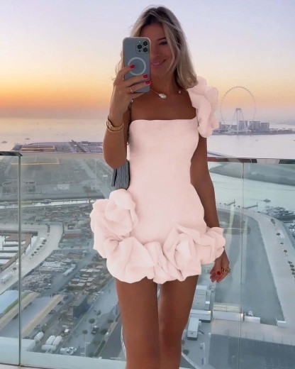 Ivory One-Shoulder Bloom Short Mini cocktail Dress