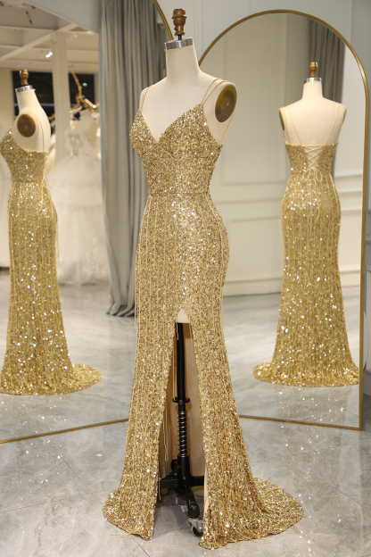 Golden Sequins Long Prom Dress with Bling Mermaid Spaghetti Straps and Split Front