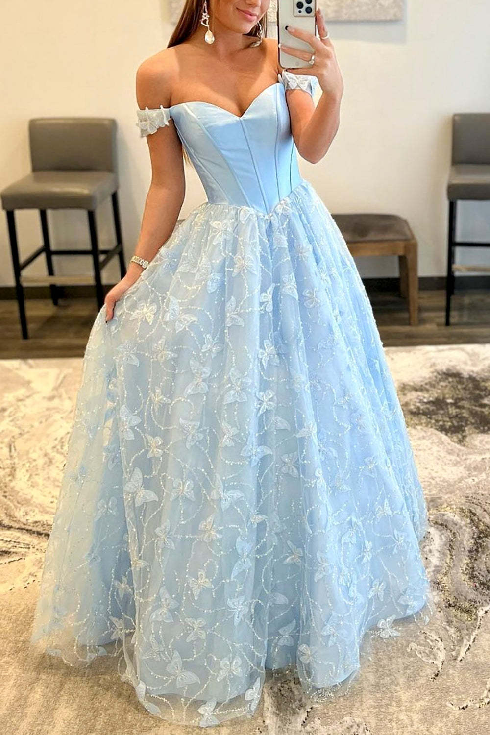 Off the Shoulder Long Prom Dress in Light Blue with Lace