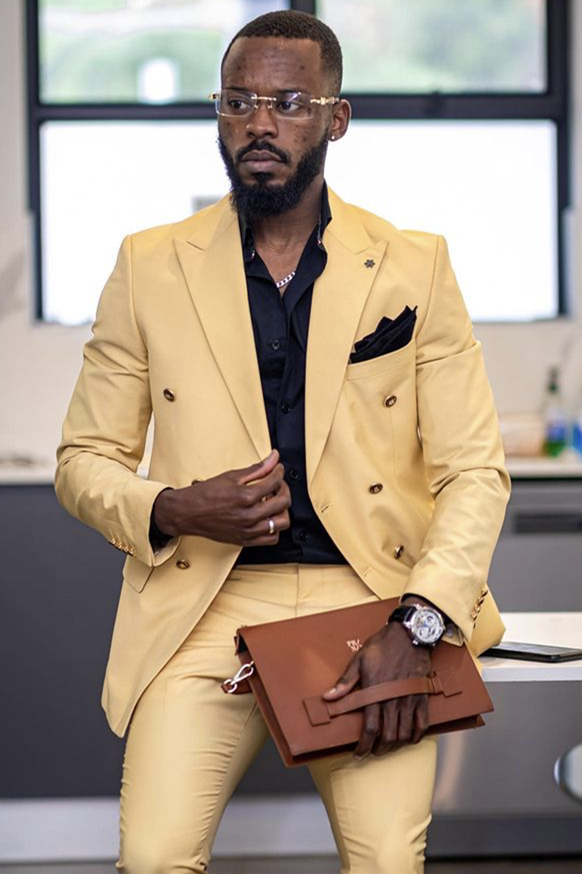Glamorous Yandel Yellow Double-Breasted Groom Suits with Peaked Lapel