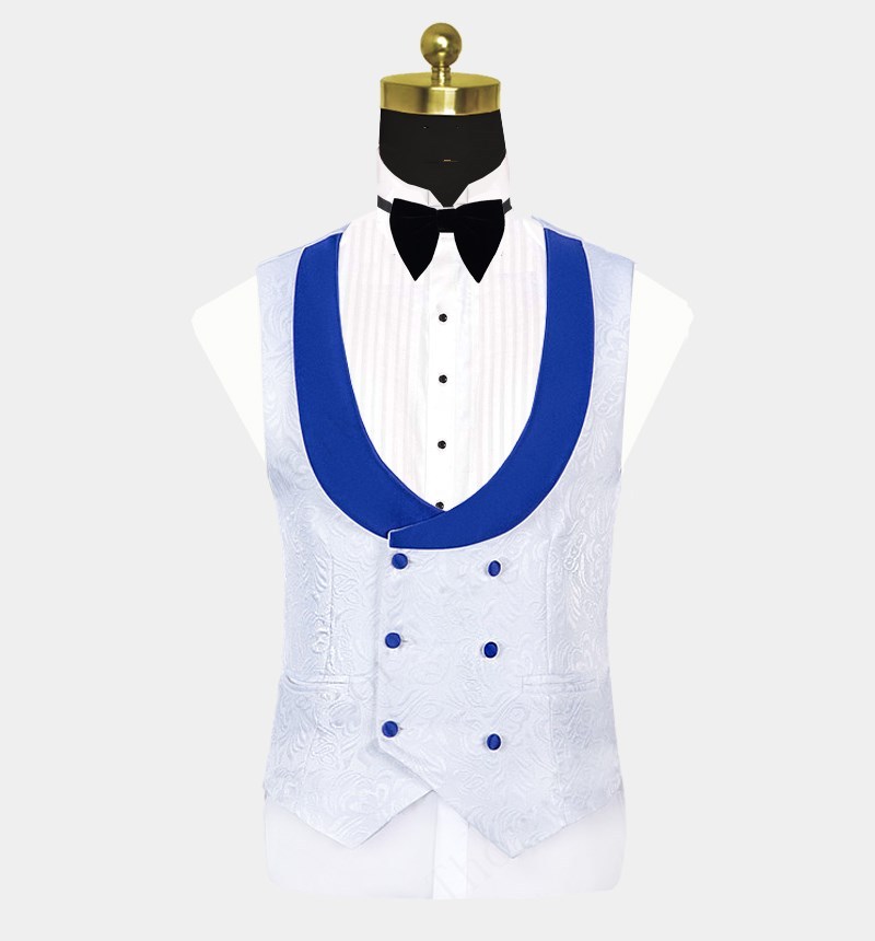 Cool White Jacquard Shawl Lapel Wedding Tuxedo with Blue Three-Piece