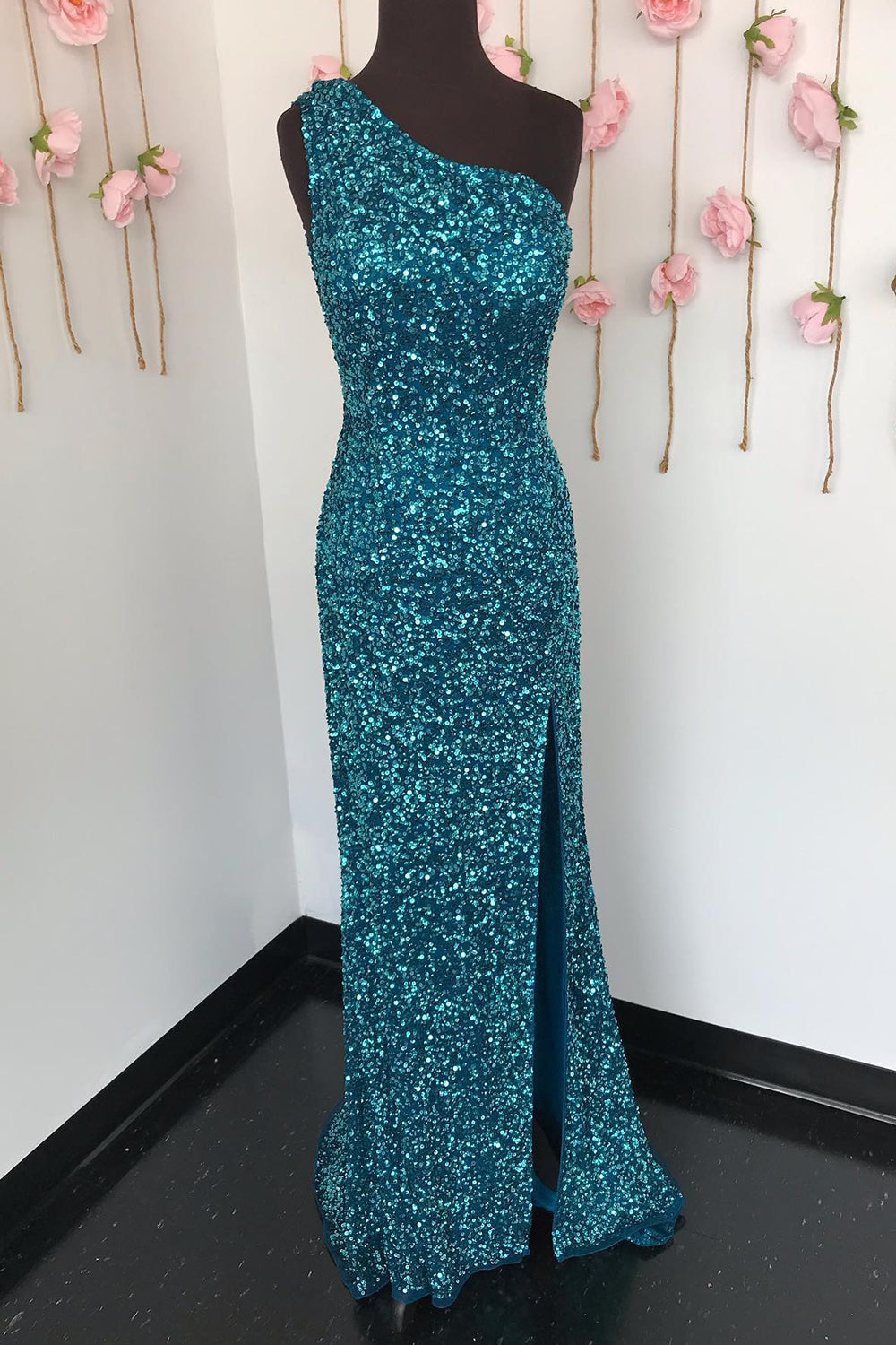 White Sequined Long Prom Gown with One Shoulder and Front Slit